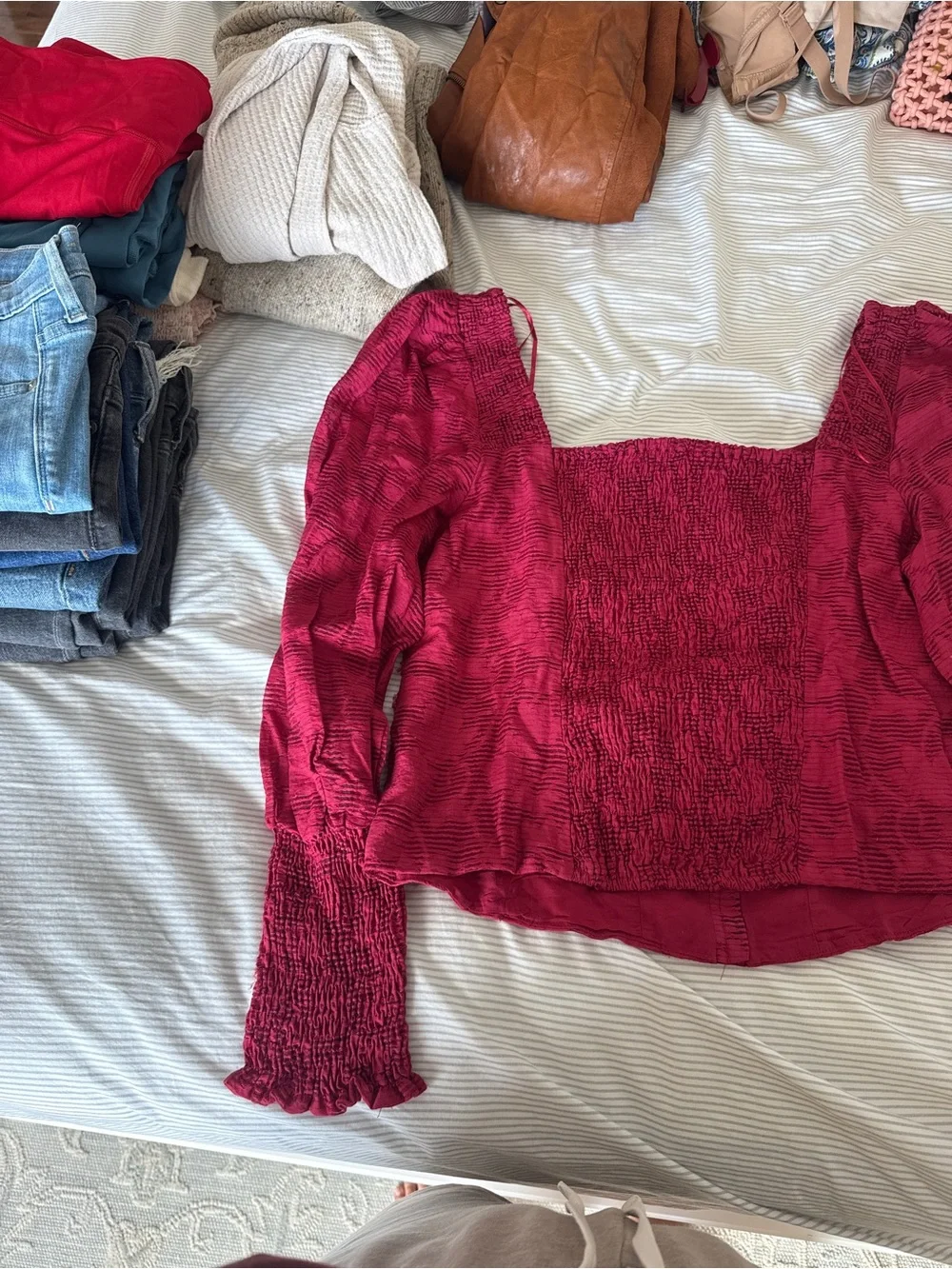Anthropologie Square-Neck Puff Sleeve Blouse in Burgundy
